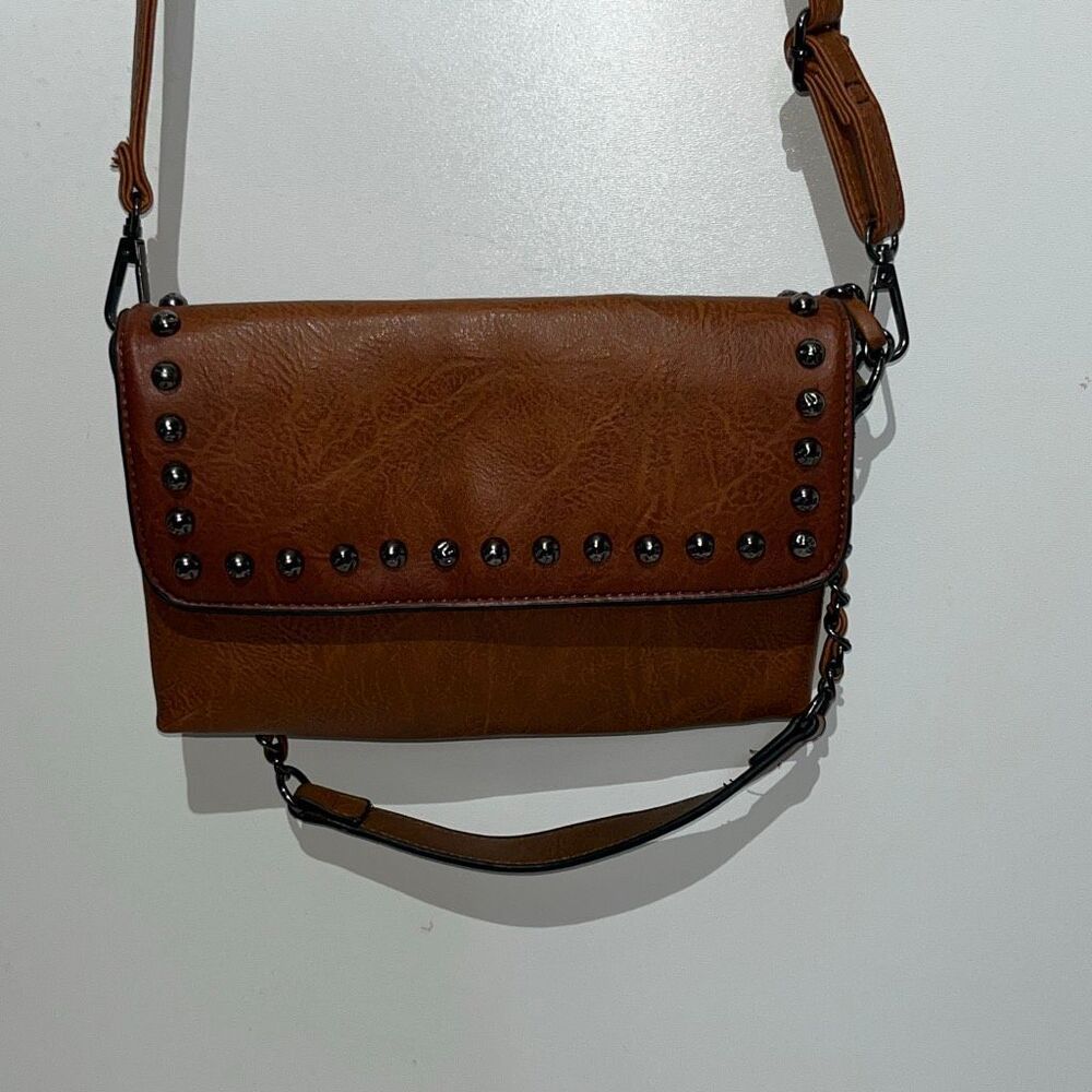 Sam & Hadley Cognac Studded Faux Leather Crossbody Bag Gunmetal Chain Detail